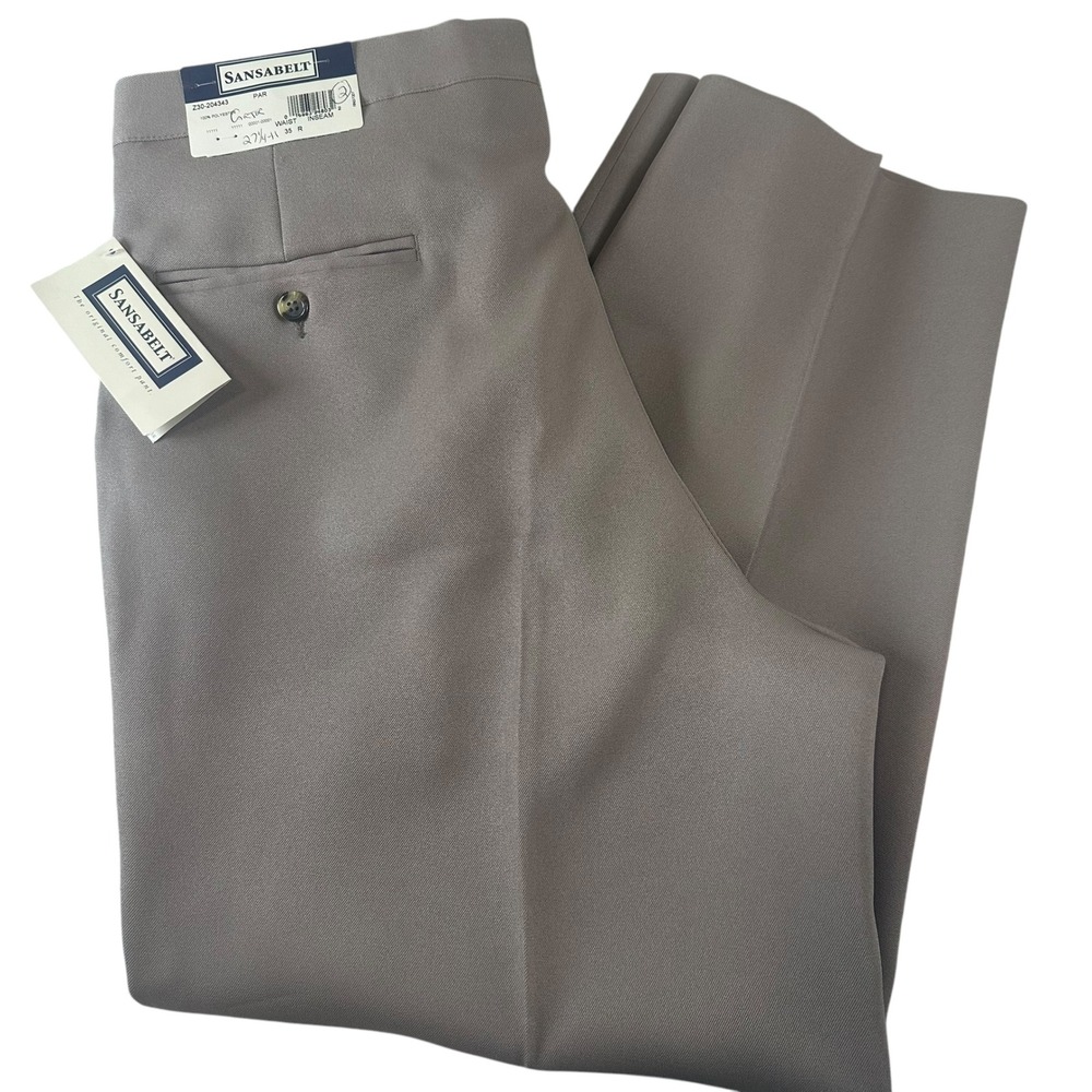 Sansabelt Vintage Men's Pleated‎ Beige Polyester Dress Pants Hemmed Size 35R NWT